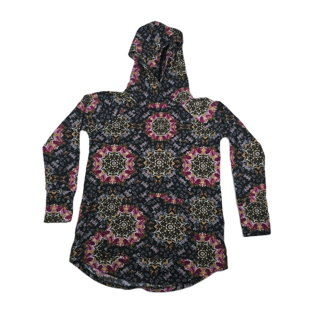 LuLaRoe Amber Hoodie Womens Medium Black Pink Mandala Floral Long Sleeve Top